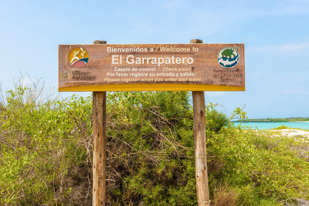 Santa Cruz Island, Galapagos, Ecuador - April 11, 2016: Sign at the el Garrapatero beach on Santa Cruz islandのeditorial素材