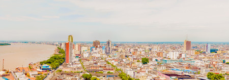 Guayaquil, Ecuador - April 16, 2016: Aerial view at the buildings and the river at downtown Guayaquil in Ecuador.のeditorial素材