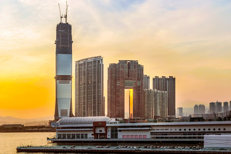 Hong Kong, China - September 8, 2008: Development of a skyscraper which is positioned on the opposite side of the IFTC tower in Kowloon, Hong Kong. International Commerce center is 118 story and 484m skyscraper under construction.のeditorial素材