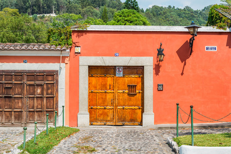 Antigua, Guatemala - December 6, 2016: Architectural detail in picturesque colonial house in Antigua, Guatemala.のeditorial素材