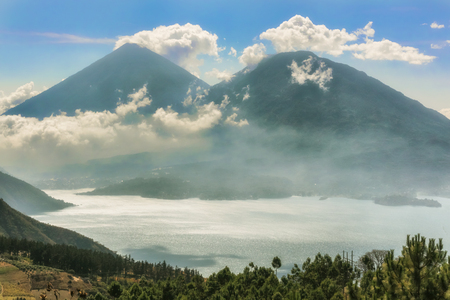 Landscape view at Lake Atitlan. At 1512m above sea level it is a body of water in a massive volcanic crater in Guatemalaâs southwestern highlands.のeditorial素材