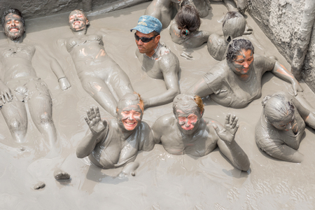 Cartagena, Colombia - March 23, 2017: People Taking Mud Bath In Crater Of Totumo Volcano Near Cartagena, Colombiaのeditorial素材
