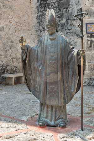 Cartagena, Colombia - March 22, 2107: Colombia, Cartagena, statue of Pope John Paul II, behind the cathedral, commemorating 1986 visitの写真素材