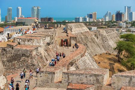 Cartagena, Colombia - March 22, 2017: Tourists visiting Castillo San Felipe de Barajas an iconic fortress.  It is impressive hilltop fortress built in the 1600s with a complex tunnel systemのeditorial素材