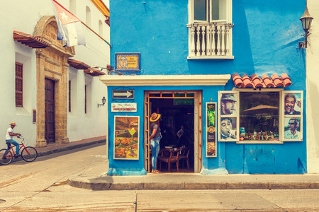 Cartagena, Colombia - March 26, 2017: Restaurant with a Cuban flag in front at the corner in Plaza Fernandez de Madrid in Cartagena, Colombia,のeditorial素材