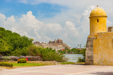 Cartagena, Colombia - March 26, 2017: Watch Tower in the wall surrounding Getsemani and facing Castillo San Felipe de Barajas an iconic fortress in Cartagena, Colombia.のeditorial素材