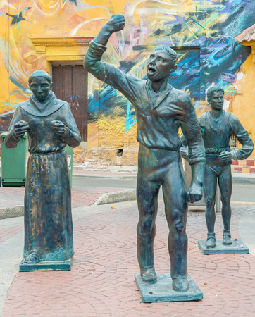 Cartagena, Colombia - March 24, 2016: Freedom symbol sculptures in front of Iglesia de la SantÃ­sima Trinidad in Plaza de la Trinidad in Getsemani, Cartagena, Colombia.のeditorial素材