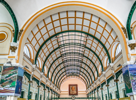 Ho Chi Minh, Vietnam - Dec 24, 2017: Interior with arch ceiling in Saigon Central Post Office, Ho Chi Minh City, Vietnam.のeditorial素材