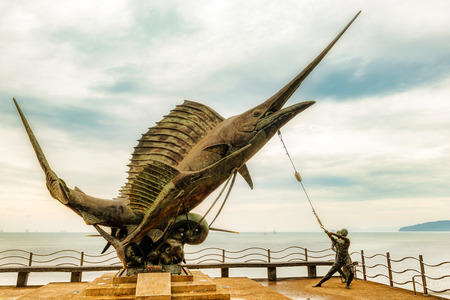 Ao Nang, Thailand â December 3, 2017: Swordfish monument on the waterfront at the main beach in Ao Nang, Krabi, Thailandのeditorial素材
