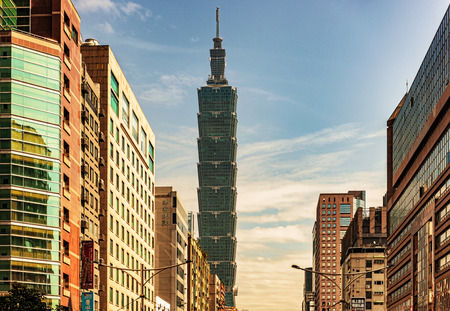 Taipei, Taiwan - January 16, 2018: View at the buildings and Taipei 101 famous landmark tower, building at the background in Taipei, Taiwan.のeditorial素材