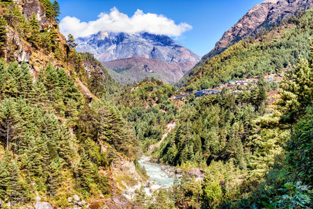View when crossing the river on Everest Base Camp Trek between Phakding and Namche Bazaar in Nepal.