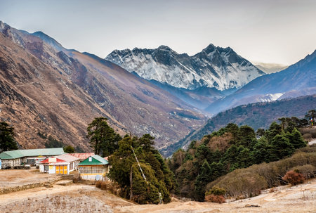 Panoramic view of Mt. Everest, Lhotse, Nuptse from Tengboche on the trek route to Everest Base Camp...