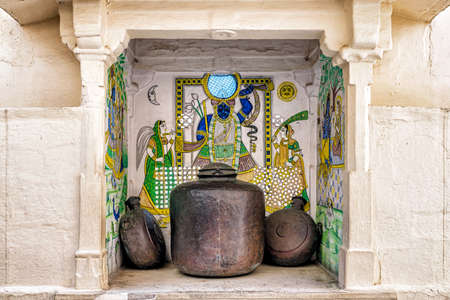 View at the building wall painting Inside City Palace in Udaipur, Rajasthan, India.の写真素材