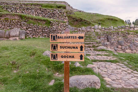 Sign for various attractions at the Incan ruins of Sacsayhuaman in Cusco, Peru.の写真素材