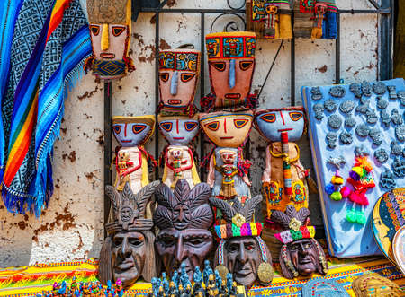 Vendors selling local textile products and souvenirs on the street of Chinchero, a small town of Urubamba Province in Peru.の写真素材