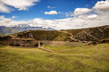 Landscape at Moray, or Muray in Quechua, the Inca agricultural fields archeological site located on a high plateau west of the village of Maras, northwest of Cusco, Peru.の写真素材
