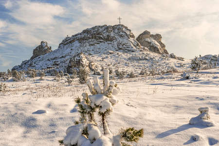 Beautiful winter landscape in the snowy forest and mountain near Czestochowa, Poland.の写真素材