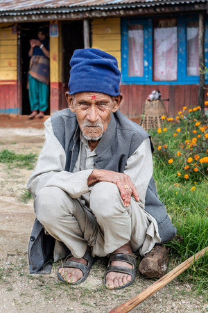 Chisapani, Nepal - Oct 17, 2018: Portrait of the old man in the village near Chisapani, Nepal just...