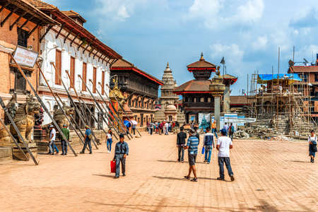 Kathmandu, Nepal - Oct 12, 2018: People visiting Durbar Square the UNESCO World Heritage site, city of Bhaktapur, Kathmandu Valley, Nepal, Asiaのeditorial素材