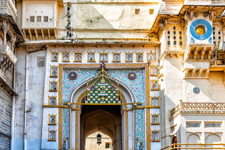 View at the building facade Inside City Palace in Udaipur, Rajasthan, India.のeditorial素材