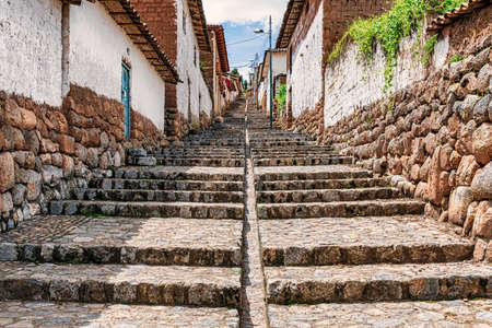 Chinchero, Peru â April 4, 2019: View at cobblestone street in Chinchero, a small town of Urubamba Province in Peru.のeditorial素材