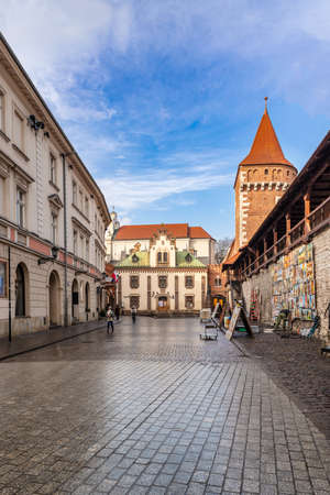 Cracow, Poland - Feb 3, 2019: View at the small historic street in old town district of Cracow, Poland.のeditorial素材