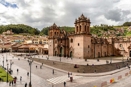 Cusco, Peru â April 3, 2019: Aerial view at the Plaza de Armas and surrounding hills around city of Cusco in Peru, as viewed from the tower in Temple of the society of Jesus.のeditorial素材