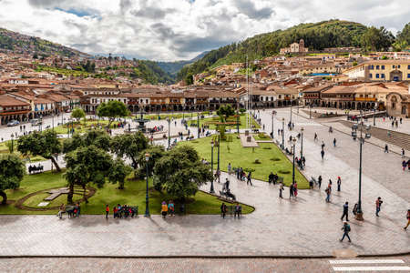 Cusco, Peru â April 3, 2019: Aerial view at the Plaza de Armas and surrounding hills around city of Cusco in Peru, as viewed from the tower in Temple of the society of Jesus.のeditorial素材