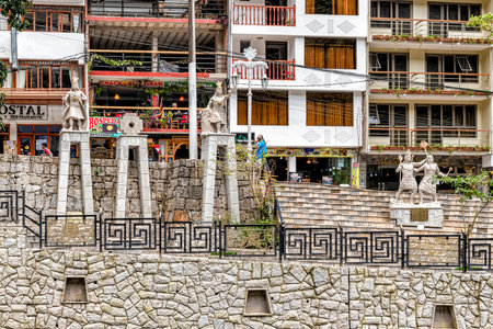 Aguas Caliente - April 8, 2019: The sculptured stone art the Incas cultural identity carved by local artists in Aguas Caliente, Peru.のeditorial素材