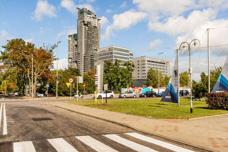 Gdynia, Poland - Sept 16, 2019: View at the street and the buildings by Kosciuszko square in Gdynia, Poland.のeditorial素材