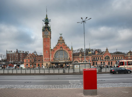 Gdansk, Poland â€“ Feb 14, 2019: View at historic late 19th century main railway station...