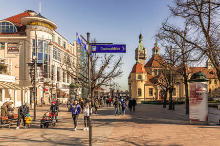 Sopot, Poland - Feb 16, 2019: View at the historical buildings at the entrance to pier called molo in tourist resort town of Sopot, Poland.のeditorial素材