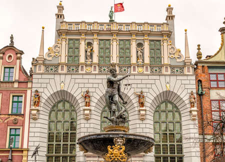 View at the famous statue of Neptune, the god of freshwater and the sea in Roman religion, sculpture and fountain at Long Square, in the city of Gdansk, Poland.のeditorial素材