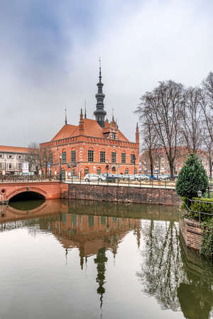 Gdansk, Poland -Feb 14, 2019: View at the Jan Hewliusz monument and the Old Town Hall building in the historic old Town of Gdansk, Poland.のeditorial素材