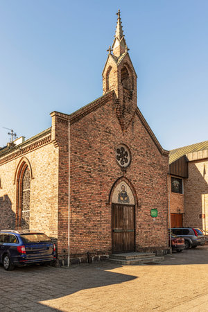 Sopot, Poland - Feb 16, 2019: View at the facade of the historical catholic church in Sopot, Poland.のeditorial素材