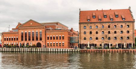 Gdansk, Poland â€“Sept 23, 2019: View at Polish Baltic Philharmonic house and King Hotel on...