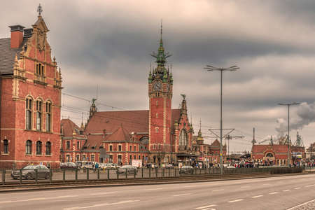 Gdansk, Poland â Feb 14, 2019: View at historic late 19th century main railway station buildings in Gdansk, Poland.のeditorial素材