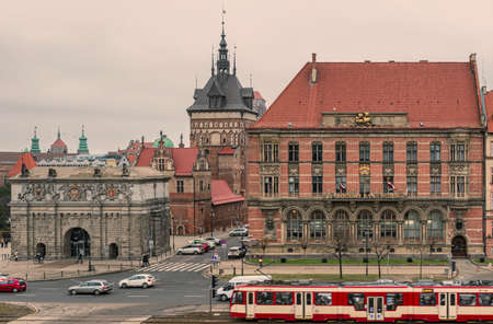 Gdansk, Poland â Feb 15, 2019: The city of Gdansk panorama with Upland Gate called Wyzynna the old prison tower and buildings in old town of Gdansk, Poland.のeditorial素材
