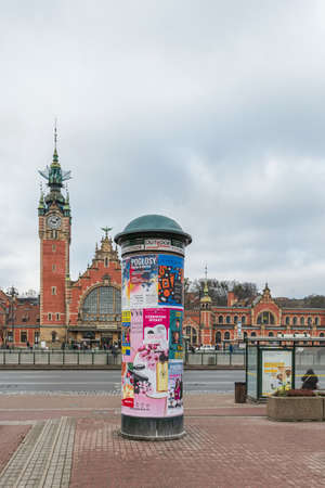 Gdansk, Poland â Feb 14, 2019: View at historic late 19th century main railway station buildings in Gdansk, Poland.のeditorial素材