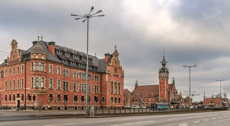 Gdansk, Poland â€“ Feb 14, 2019: View at historic late 19th century main railway station...