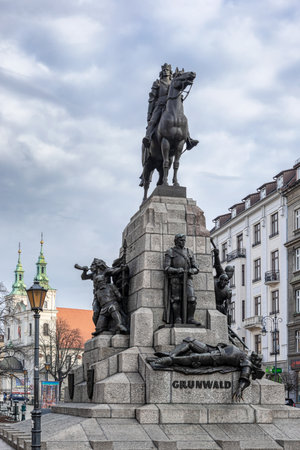 Cracow, Poland - Feb 3, 2019: View at The Grunwald monument in Matejki Square in the city of Krakow in Poland.のeditorial素材