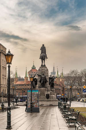 Cracow, Poland - Feb 3, 2019: View at The Grunwald monument in Matejki Square in the city of Krakow in Poland.のeditorial素材