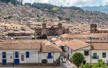 Panoramic roof top view at the houses in Cusco and the Cathedra at Plaza Armas from the roof in San Francisco de AsÃ­s Church.のeditorial素材