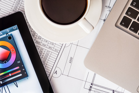 Workplace Designer, laptop, tablet and projectの写真素材