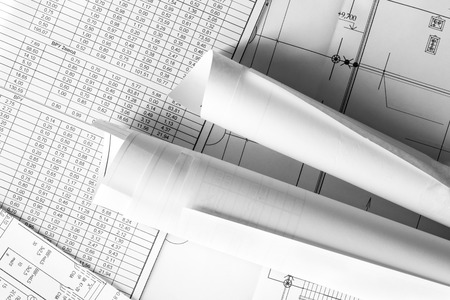 Rolls of drawings. In black and white tonesの写真素材