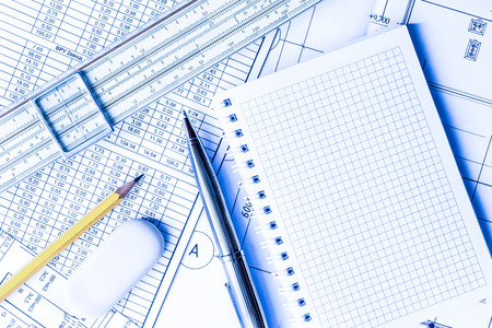 Wipe the slate clean, planning engineers and architectural works. In blue tonesの写真素材