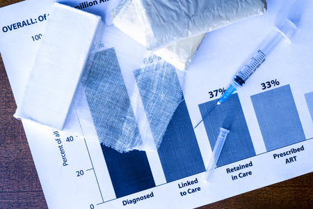 Statistics diseases, first aid on the table, a syringe and bandages. In blue tonesの写真素材