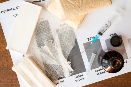 Statistics diseases, first aid on the table, a syringe with beaker and bandages
