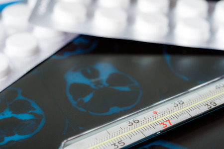 Xray examination thermometer and tablets for treatment of diseaseの写真素材