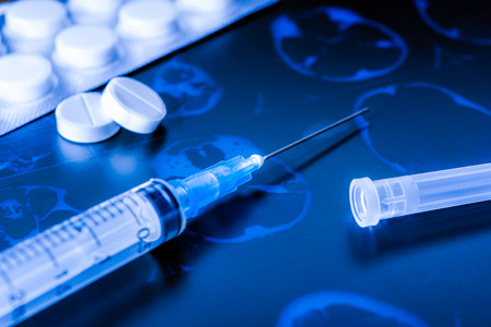 X-ray examination, syringe for injection, a two pills for treatment of diseaseの写真素材